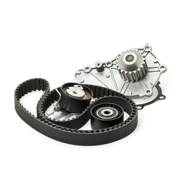 Timing belt kit with rollers and water pump isolated on white background