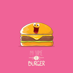 vector cartoon tiny burger character with cheese, meat and salad icon isolated on pink background. my name is burger vector concept illustration
