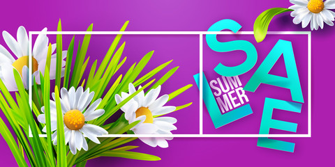 Summer sale web banner, purple background with daisy flowers chamomiles. Seasonal discount. Vector illustration. Bright and fresh blue color tyopography typography