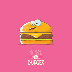 vector cartoon tiny burger character with cheese, meat and salad icon isolated on pink background. my name is burger vector concept illustration