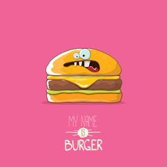 vector cartoon tiny burger character with cheese, meat and salad icon isolated on pink background. my name is burger vector concept illustration