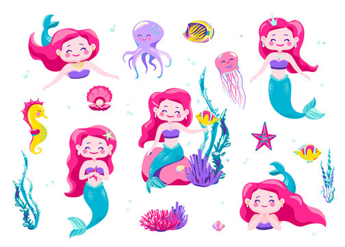 Mermaid cute stickers, cartoon little princess. Vector illustration. Fun sea character design isolated on white background. Cool hand drawn elements