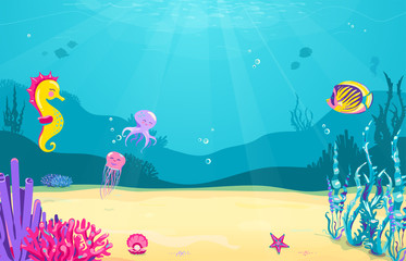 Fototapeta na wymiar Underwater cartoon background with fish, sand, seaweed, pearl, jellyfish, coral, starfish, octopus, sea horse. Ocean sea life, cute design
