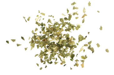 Sliced and cut dry celery leaves pile, isolated on white background, top view, with clipping path