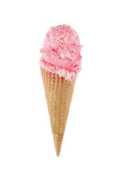 Strawberry ice cream scoop with cone isolated on white background