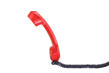 Red vintage telephone receiver with a black cable isolated on white background. Space for your text.