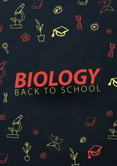 Fototapeta na wymiar Biology School subject with hand-draw doodles. Education banner. Vector illustration.