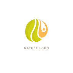 Logo concept of man and leaf. Environmental protection, camp, ecology, healthy eating, Botanical Garden, park, forest, farm, agriculture vector sign.