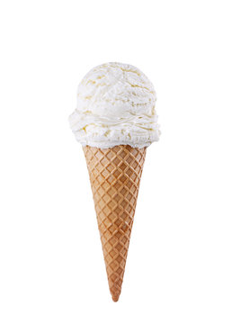 Vanilla ice cream scoop with cone isolated on white background