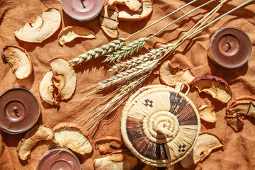 Autumn flatlay with dried apples and spikes.