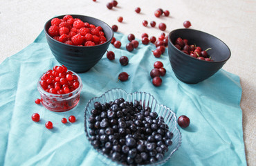 Flatlay with raspberries, blueberries and gooseberries.