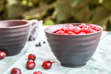 Flatlay with raspberries, blueberries and gooseberries.