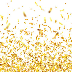 Golden confetti with ribbon. Falling shiny confetti glitters in gold color. New year, birthday, valentines day design element. Holiday christmas background.