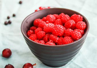 Flatlay with raspberries, blueberries and gooseberries.