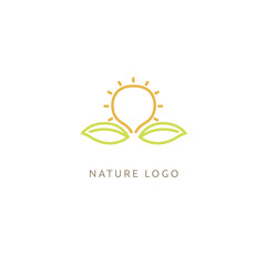 Obraz premium Travel agency logo. Icon design sun and leaf. Summer yellow sun and nature, travel logo.