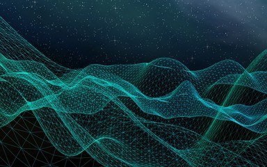 Fototapeta premium Streszczenie krajobraz na ciemnym tle. Siatka cyberprzestrzeni. Sieć zaawansowanych technologii. Przestrzeń kosmiczna. Gwiaździsta tekstura kosmosu. Ilustracja 3D