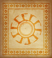 Decorative ethnic border on a piece of parchment. Native Americans symbol of sun. 