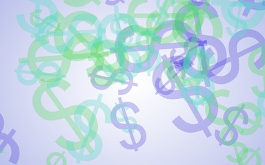 Multicolored translucent dollar signs on white background. Green tones. 3D illustration