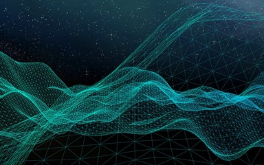 Abstract landscape on a dark background. Star horizon. Cyberspace grid. Hi-tech network. Outer space. Starry outer space texture. 3D illustration