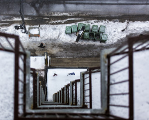 looking down from a balcony