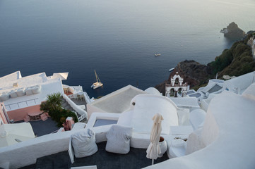 Whitewashed Houses and Church on Cliffs with Sea View in Oia, Santorini, Cyclades, Greece