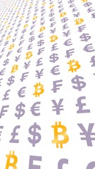 Bitcoin and currency on a white background. Digital Cryptocurrency symbol. Business concept. Market Display. 3D illustration