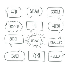 Hand drawn comic speech bubbles with message words collection.