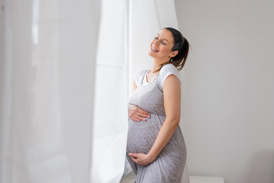 A beautiful young pregnant woman standing next to the window in an elegant grey dress with hands on her belly.