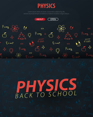 Physics School subject with hand-draw doodles. Education banner. Vector illustration.