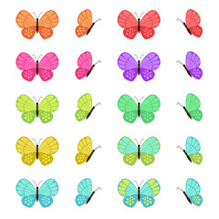 Colored butterflies isolated on white background. Flat butterfly set.