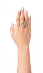 Show ring on finger isolated on white background