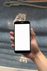 Blurred photo, Blurry image, Jeans on the shelves, background