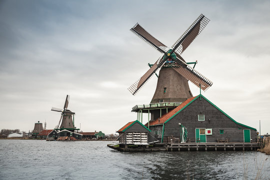 Windmills on Zaan river coast, Netherlands