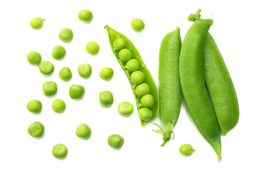 fresh green peas isolated on a white background. top view
