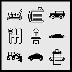 Simple 9 icon set of car related gear, car parts, sport elegant black car side view and car parts vector icons. Collection Illustration