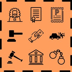 Simple 9 icon set of legal related car run over man, law, handcuffs and judge vector icons. Collection Illustration