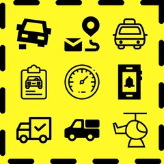 Simple 9 icon set of business related smartphone, taxi, helicopter and car repair vector icons. Collection Illustration