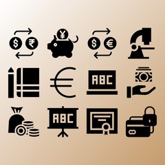 Piggy bank, diploma and notebook related premium icon set