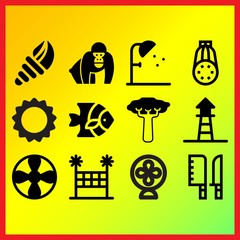 Volleyball net, small fan and baobab related icons set