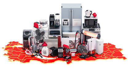 Map of Turkey with home and kitchen appliances, 3D rendering