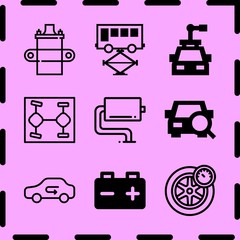 Simple 9 icon set of car related car repair, car, battery and exhaust pipe vector icons. Collection Illustration