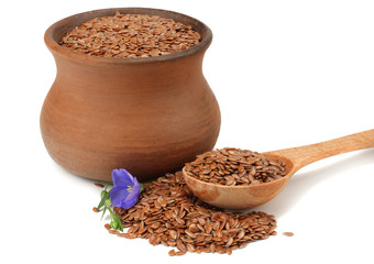 clay pot with flax seeds and flower isolated on white background. flaxseed or linseed. Cereals.