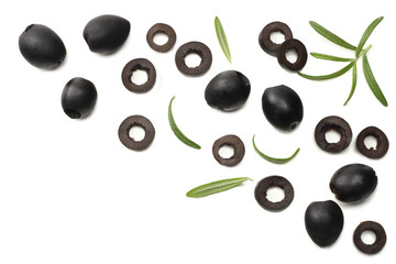 Marinated black olives with rosemary isolated on white background. top view