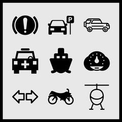 Simple 9 icon set of car related car with spare tire, emergency medical vehicle, helicopter and turn signals vector icons. Collection Illustration