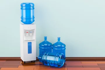Fotobehang Water cooler with water dispenser bottles on the wooden floor in the room, 3D rendering © alexlmx