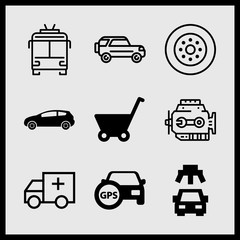 Simple 9 icon set of car related baby carriage, car with spare tire, trolleybus and truck vector icons. Collection Illustration