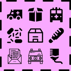 Simple 9 icon set of medicine related virus, thermometer, ambulance and serum vector icons. Collection Illustration