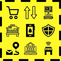 Simple 9 icon set of online related cab, computer, smartphone and cart vector icons. Collection Illustration