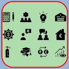 Simple 12 icon set of business related discussion, dollar, extinguisher and warehouse vector icons. Collection Illustration