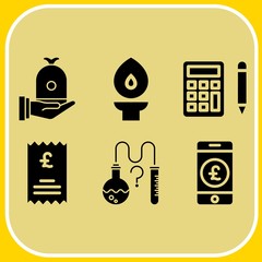 Simple 6 icon set of business related science, invoice, pound sterling and torch vector icons. Collection Illustration